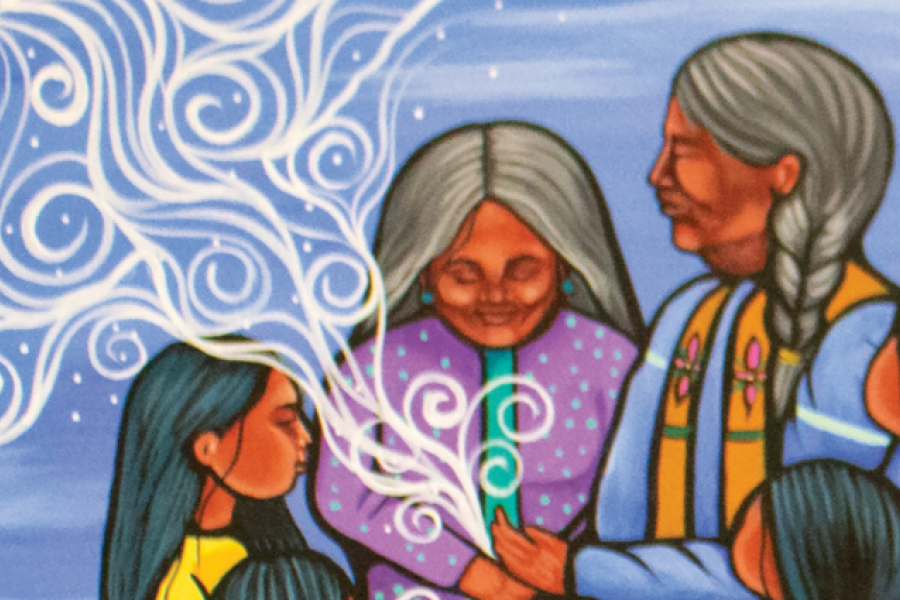 Illustration of Elders and children gathered together, sharing breath, stories, and intergenerational wisdom.