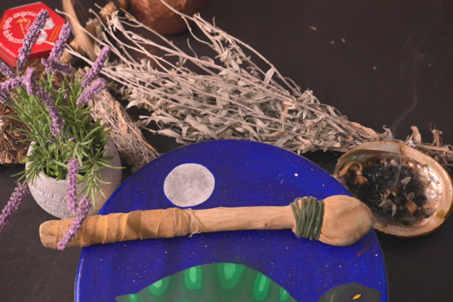 Traditional medicines, painted hand drum and rattle used in ceremony