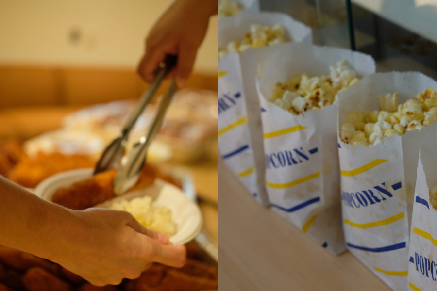 Popcorn and food being served during a campus event.