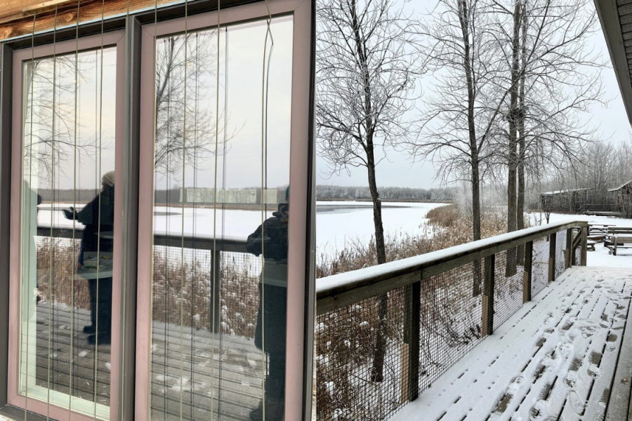 Snow-covered boardwalk overlooking a frozen lake and surrounding trees.