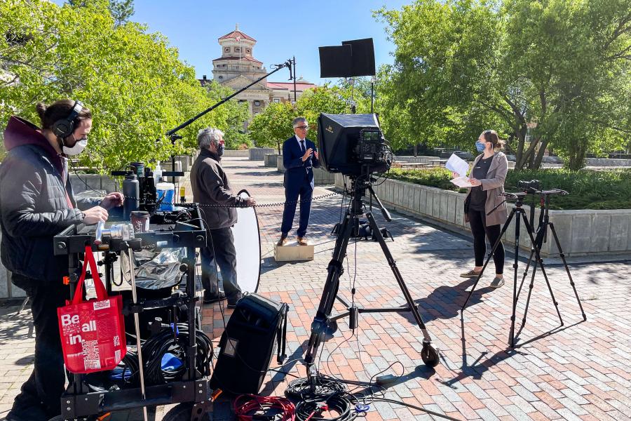 Crew filming outside University of Manitoba Administrative Building.