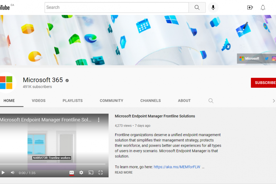 Home page of Microsoft YouTube channel.