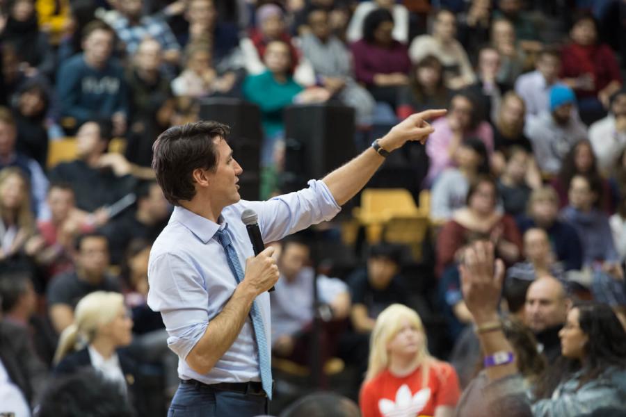 Trudeau giving speech and pointing.