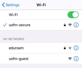 Wi-Fi network settings on iPhone with user connected to uofm-secure.