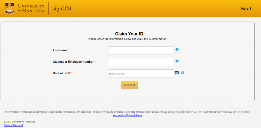 Page for entering last name, student or employee number, and birth date.