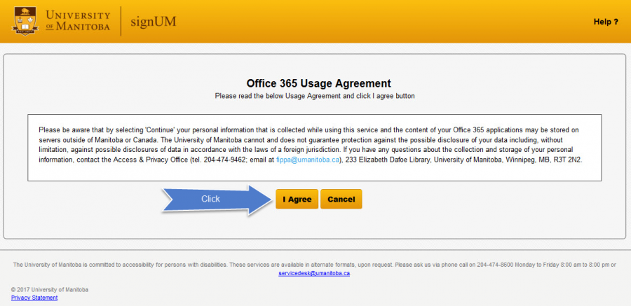 Pointing to agree button for Office 365 usage agreement.