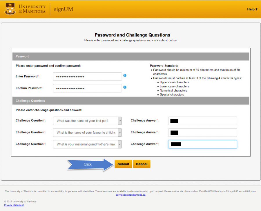 Page for setting password and security questions.