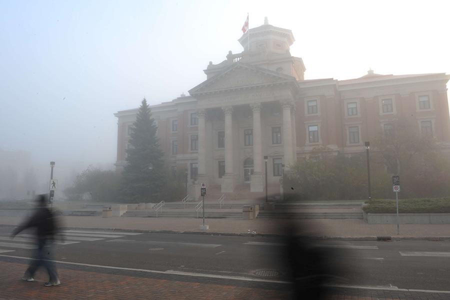 Blurred and hazy UM Administration Building.