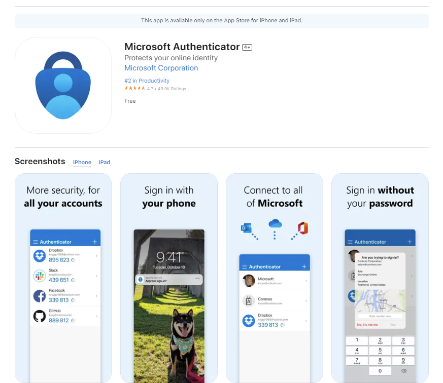 Screenshot of the microsoft authenticator selection in the apple app store