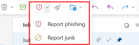 Report Junk and Report phishing buttons in the New Outlook ribbon. 