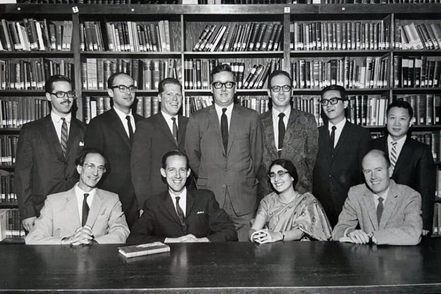 Academic Staff, 1969-1970. First Row - Left to Right: J. Clarence-Smith, Dean Edwards, M. Master, R. D. Gibson Second Row - Left to Right C. Harvey, B. Starkman, E. A. Braid, J. Sharp, A. B. Bass, K. W. Cheung S.S. Hu Missing: G. Dilts, B. Snideman, R. Penner, J. Debicka, G. Nemiroff