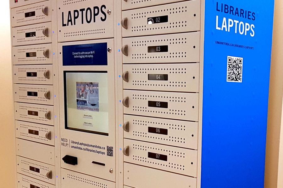 Library laptop lending locker showing screen and compartments.