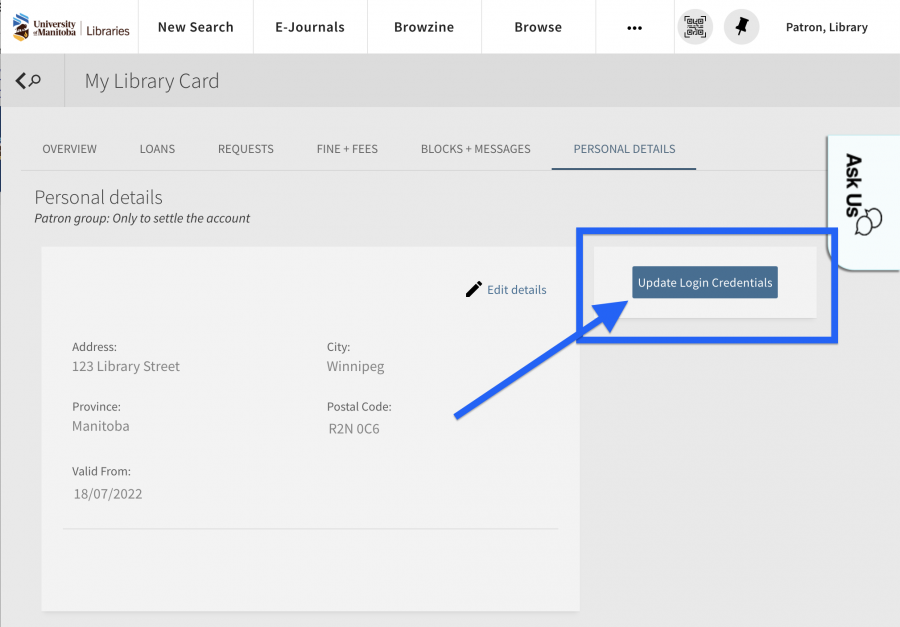 Screen shot showing update login credentials in UM Library account.