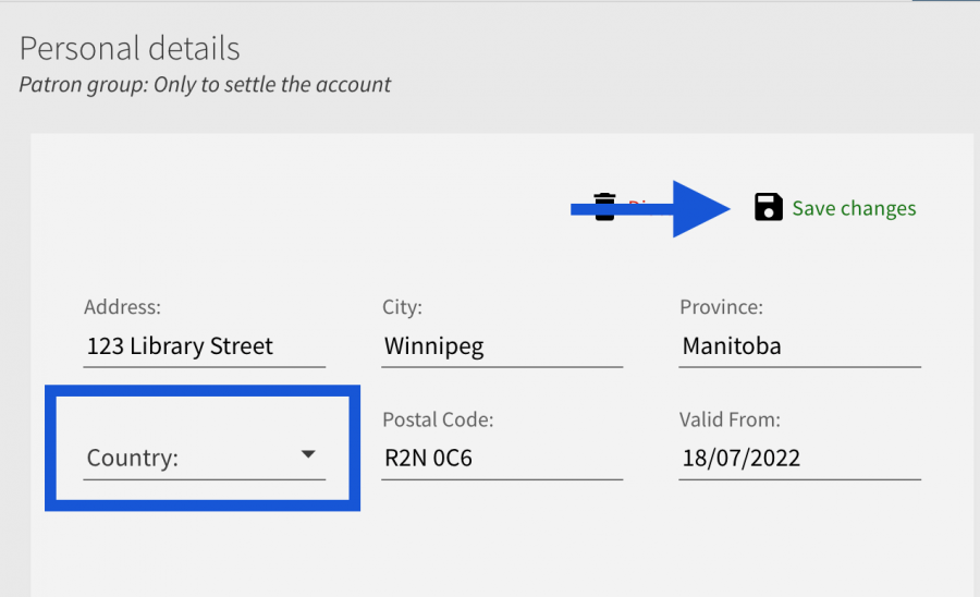 Library account profile screenshot, bottom left country circled, top right Save Changes circled