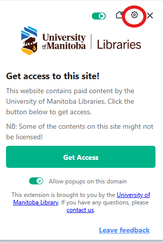 Screenshot of Lean Library pop up with setting gear icon circled in top right corner