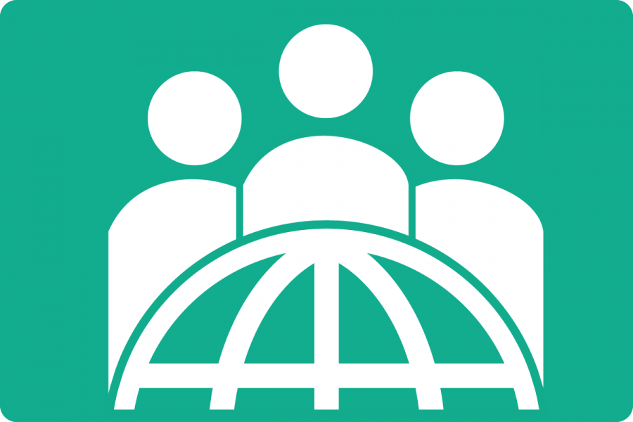 three people behind globe symbol