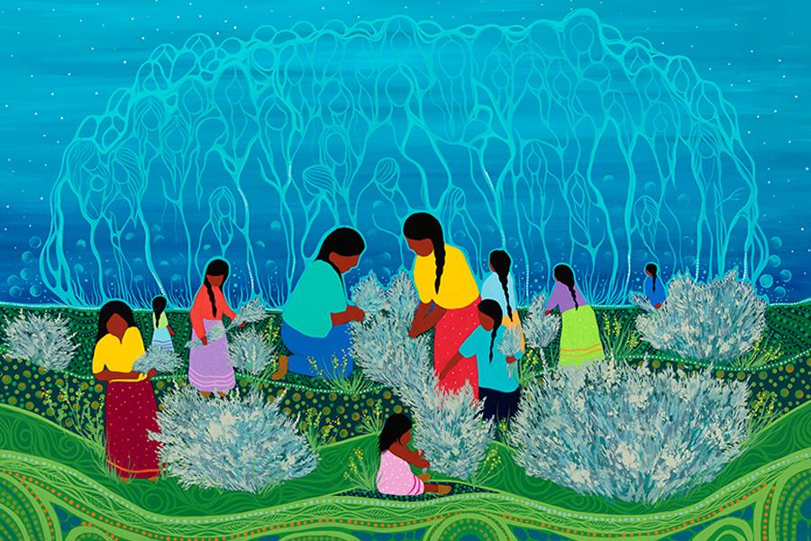 painting of women harvesting with their ancestors in the background 