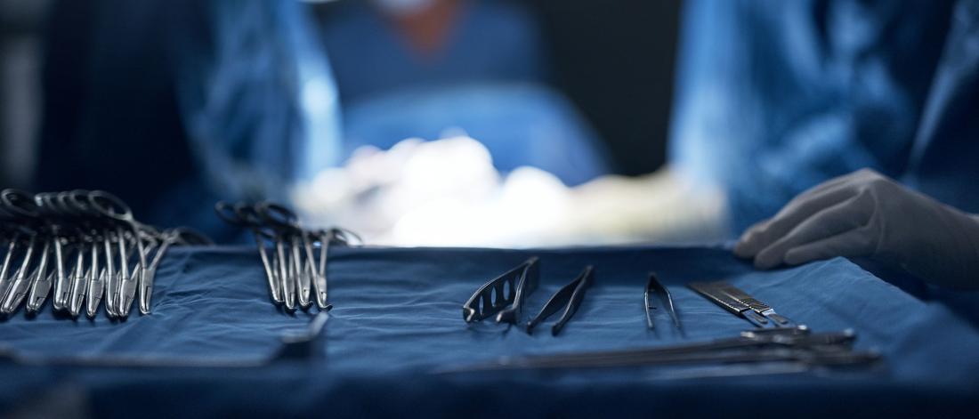 Surgical instruments on a tray.