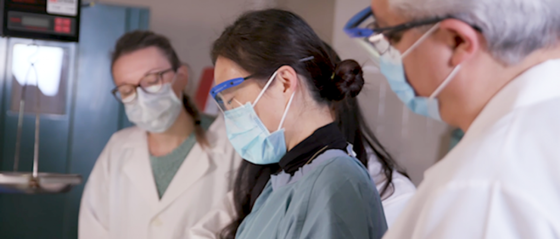Three healthcare workers examining something (out of frame).