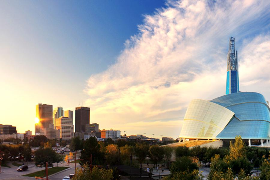 Winnipeg skyline as seen from The Forks. The Human Rights Museum is on the right.