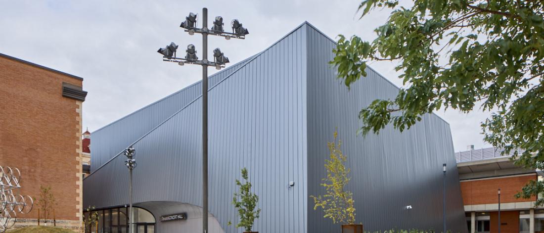 Corner of the exterior of the Desautels Concert Hall