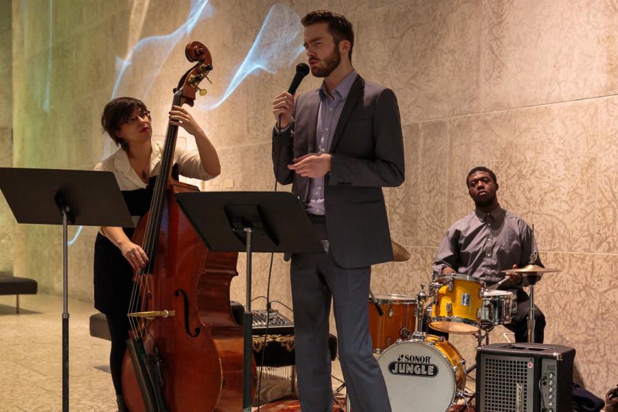 A small jazz ensemble performance at the Winnipeg Art Gallery.