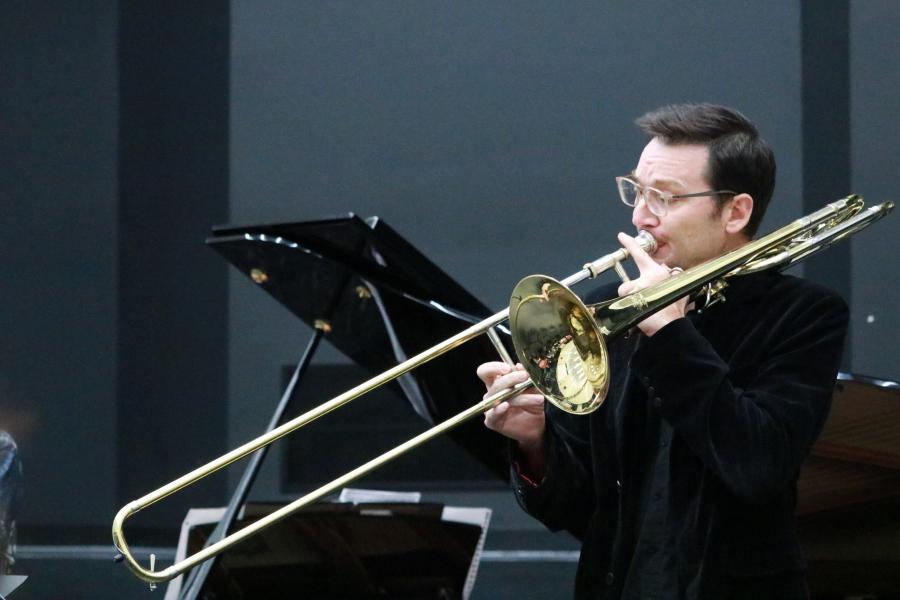 Trombonist Steven Dyer performs at a 2019 concert