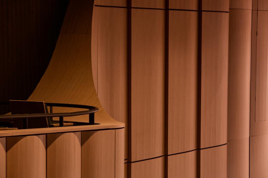 Close up shot of the wooden panels inside the concert hall
