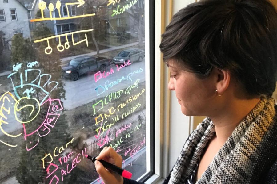 Image of Dr. Meaghan Jones writing on a window used as a white board. 