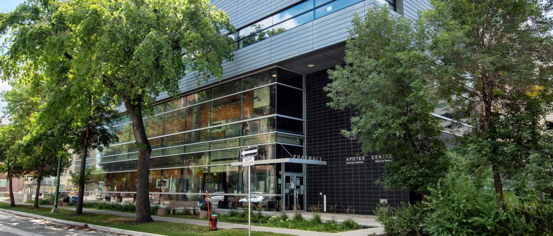 The entrance to the College of Pharmacy at the University of Manitoba Bannatyne campus Apotex Centre.