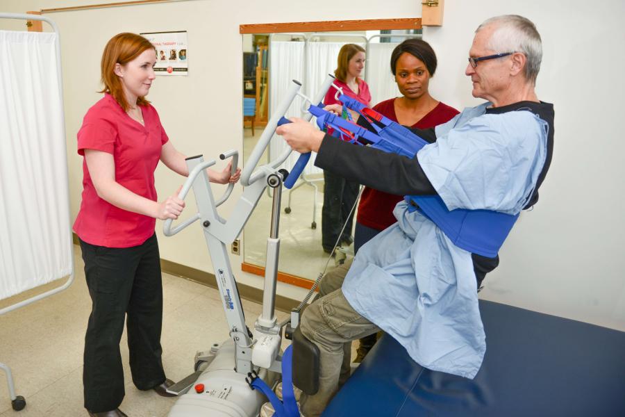Patient develops strength using supportive device.