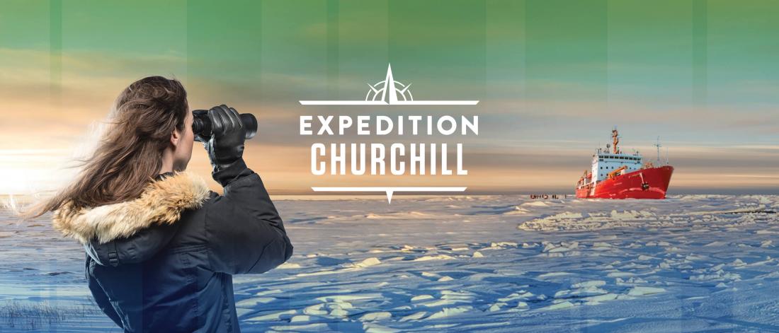 A woman looks out onto a frozen field of ice using binoculars.