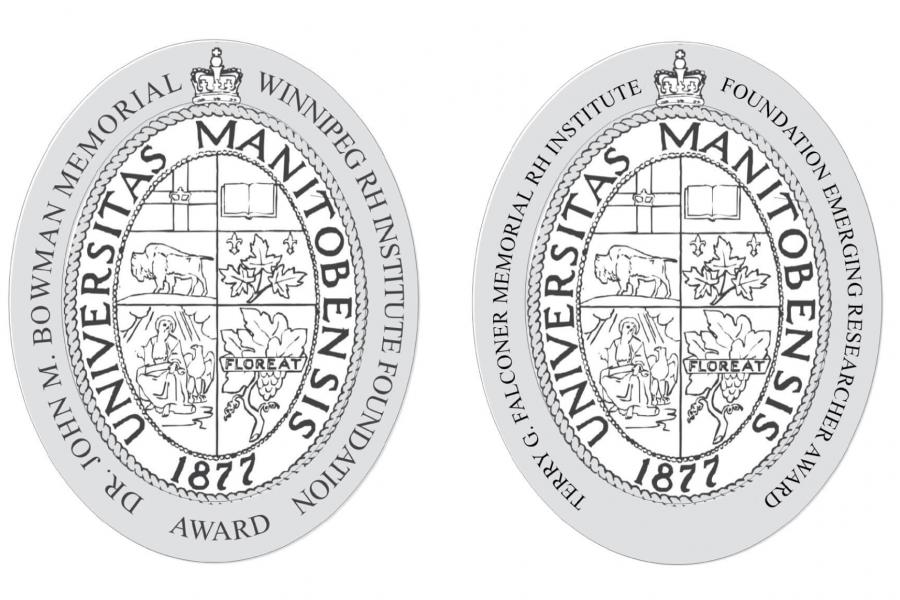 The two ornate emblems for the Dr. John M. Bowman Memorial Winnipeg Rh Institute Foundation Award and the Terry G. Falconer Memorial Rh Institute Foundation Emerging Researcher award. 