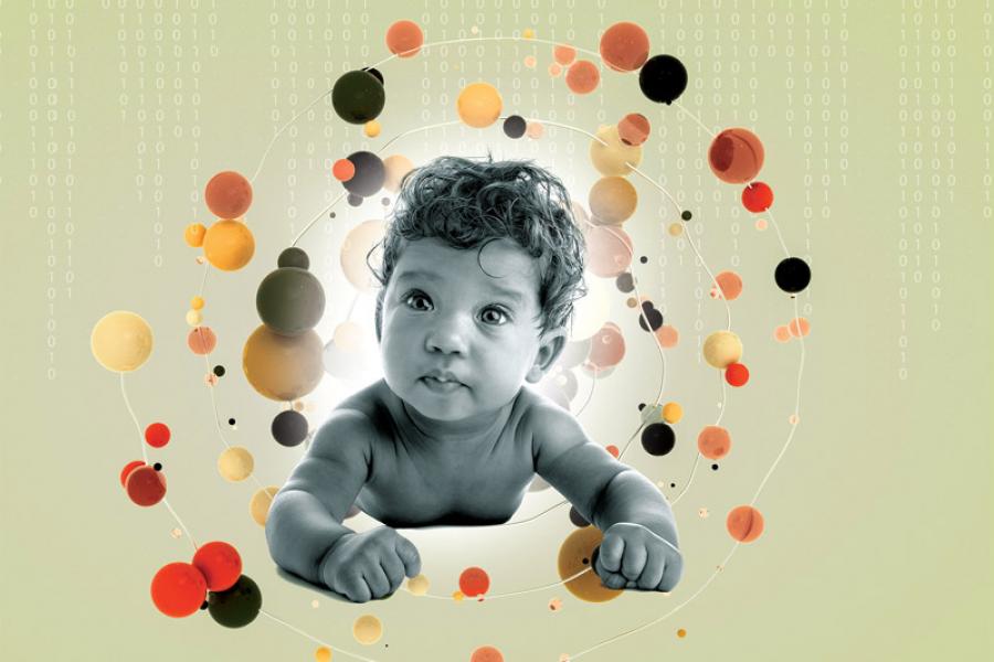 A photo collage illustration of a baby surrounded by zeroes and ones and connected dots.