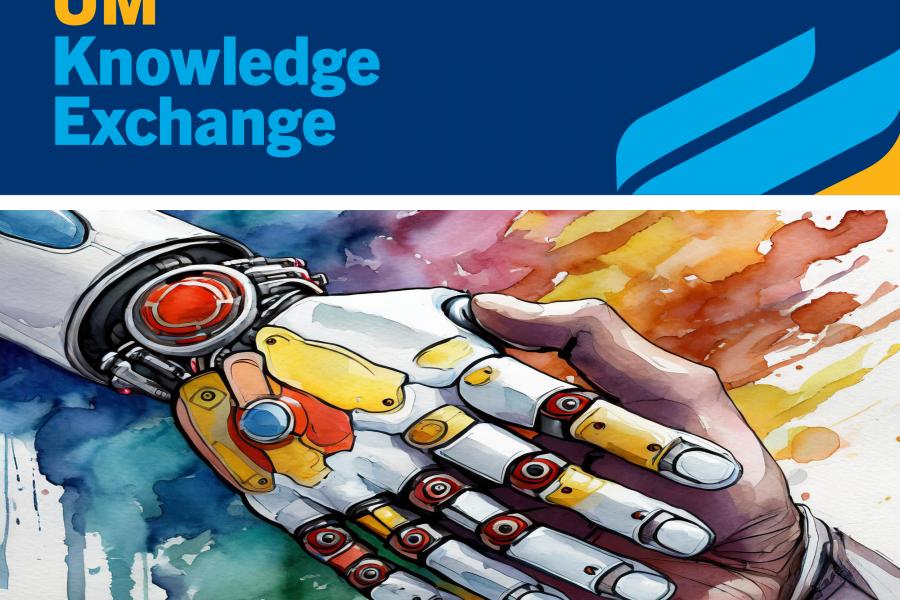AI generated image of robotic hand holding human hand