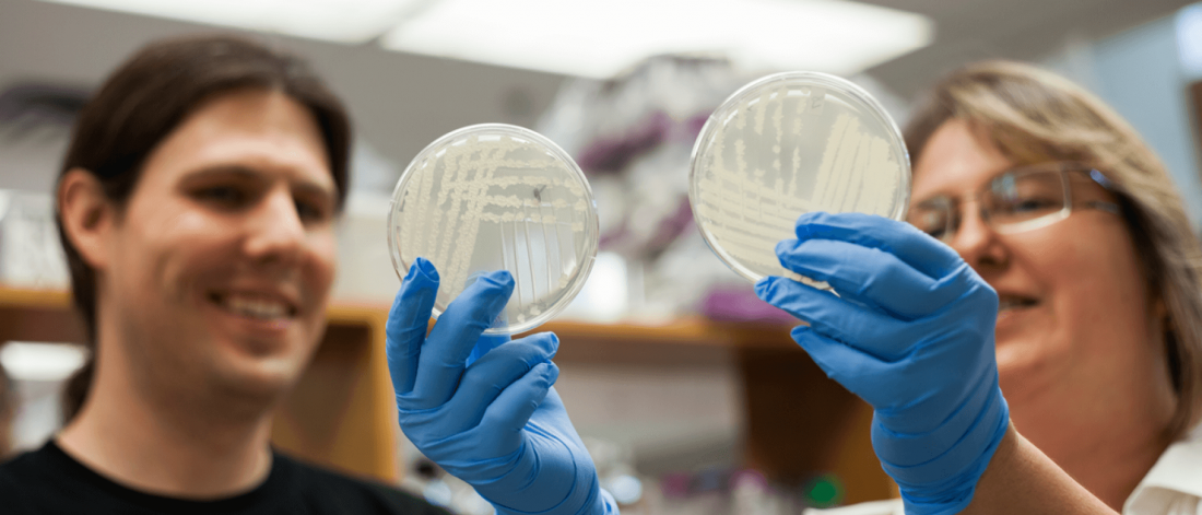 Karen Brassinga with a student looking at two petri dishes.