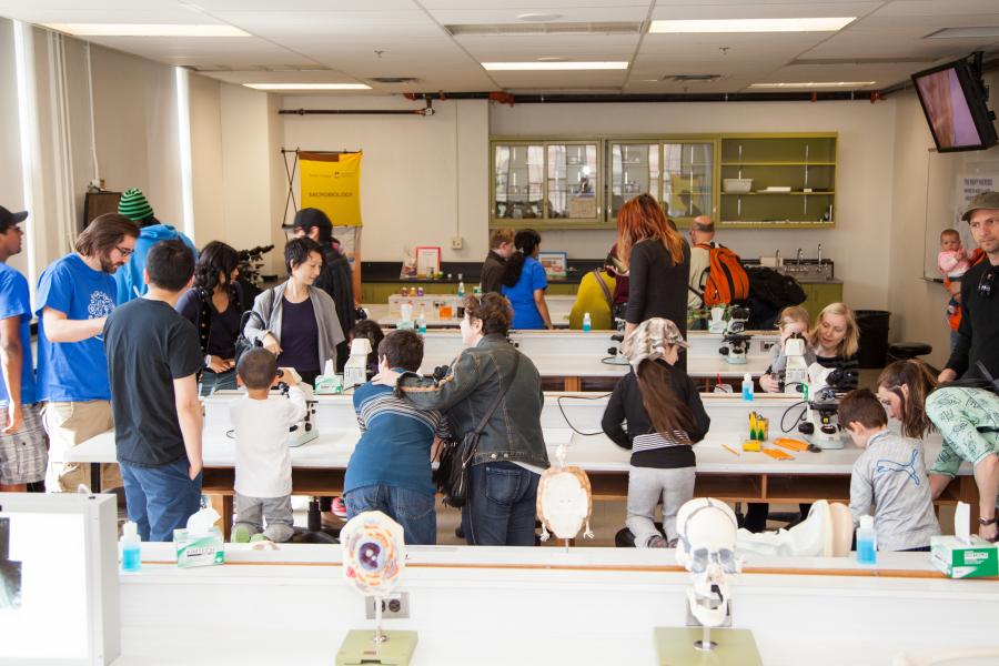 Students participating in science experiments in a lab.