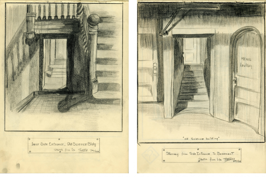 a sketch of a building layout with stairs and doors