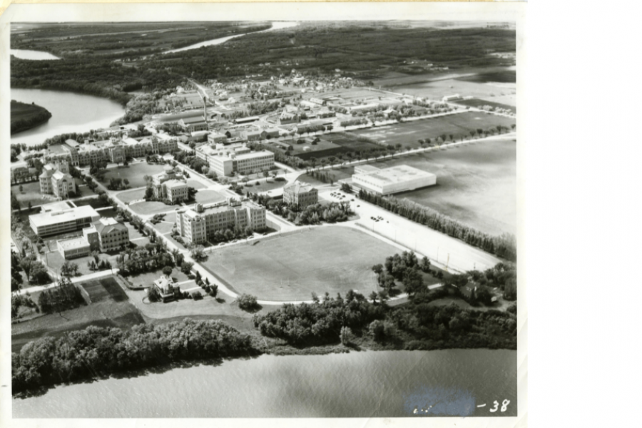 aerial shot of the old campus labeled 38