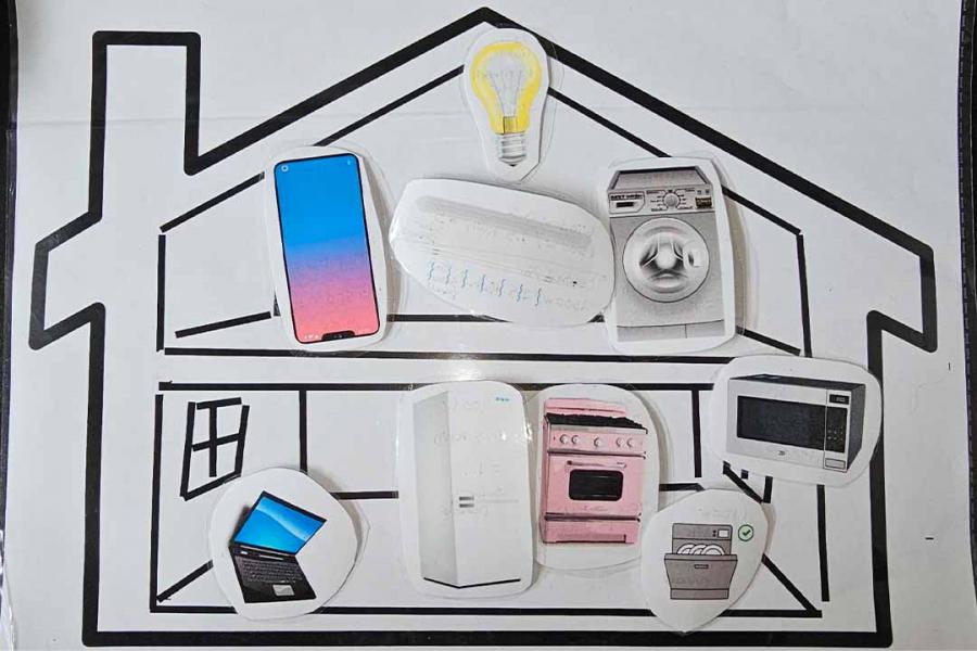 A house drawing on a white paper with photo collages of cell-phone, laptop, fridge, microwave, washer, dishwasher, oven, light bulb and AC.