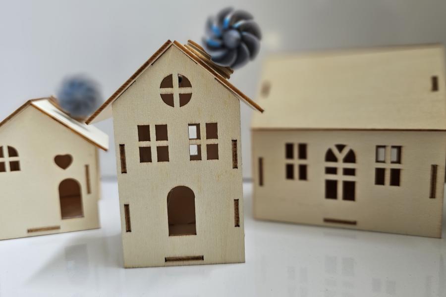 Wooden wind turbine houses.