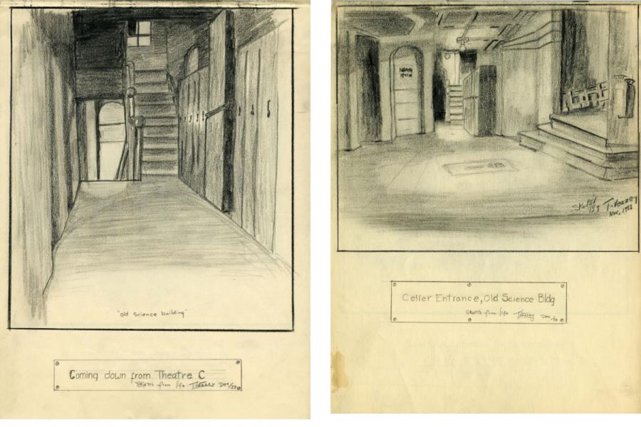 A sketch of a building layout with stairs and doors.