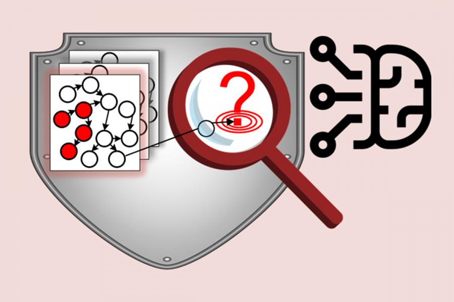 A graphic with light pink background, a shield with graphs on it with a red magnifier next to it on the shield, a question mark inside the magnifying glass, and a black graphic network element next to the shield.