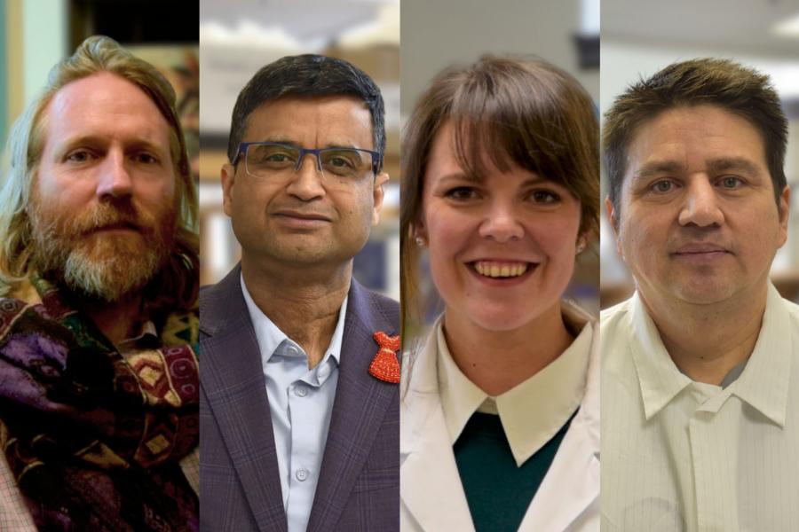 Side by side portrait photo of 4 faculty members all smiling and looking at the camera.