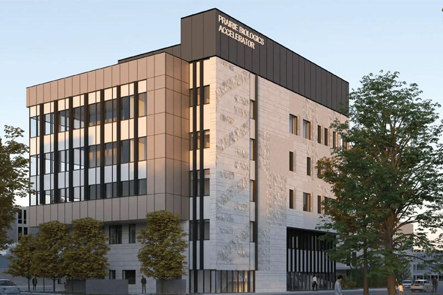 A rendered photo of the prairie biologics building.