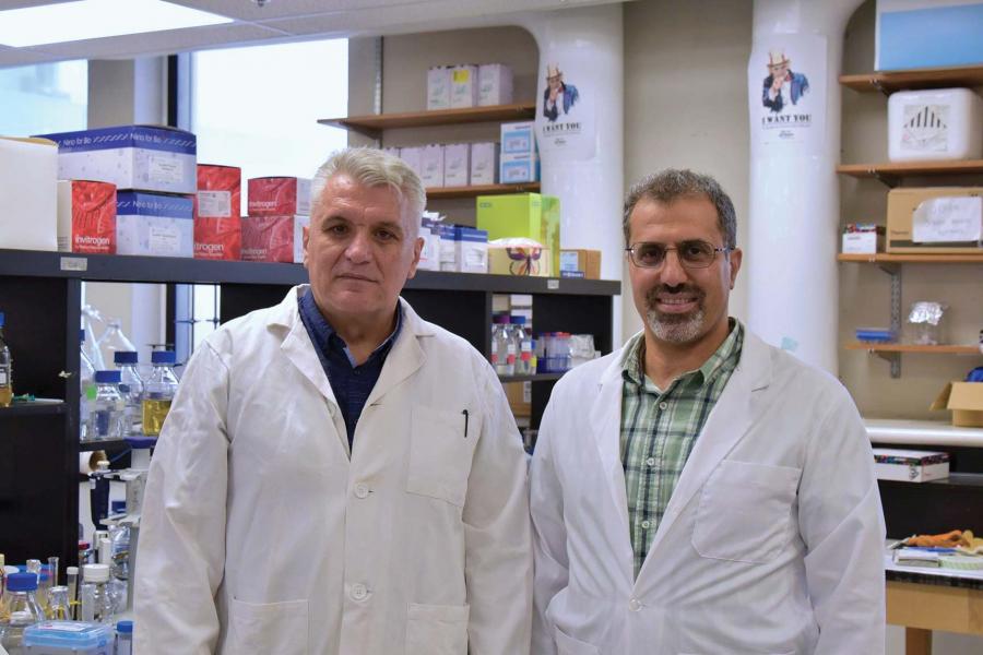 Nediljko (Ned) Budisa and Hamid Karbalaeiheidari wearing their lab coats and smiling at the camera.