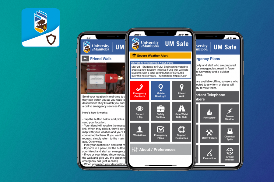 Screenshots of the UM Safe app