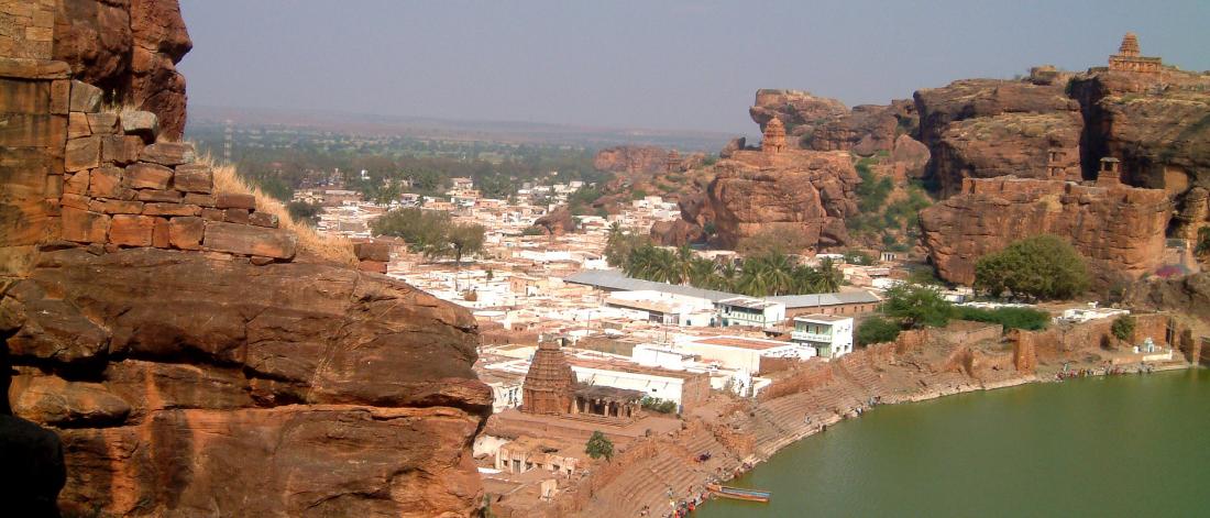 A beautiful panoramic view from a hilltop of the town of Badami, India.