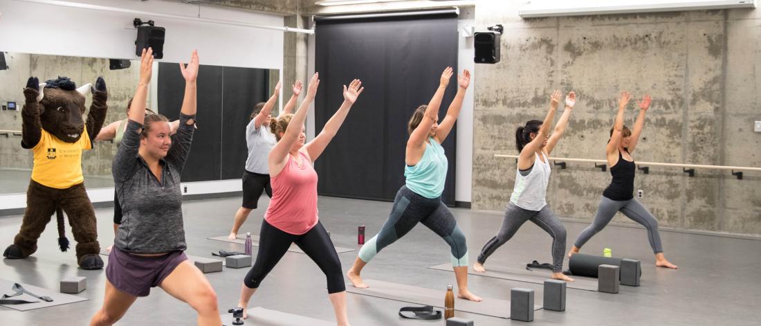 A group of people participating in a group fitness yoga class lunging with their arms held high in the air.