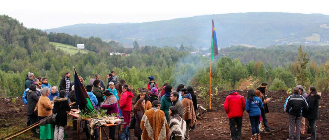 A group of people gather around to raise flags in Chile.